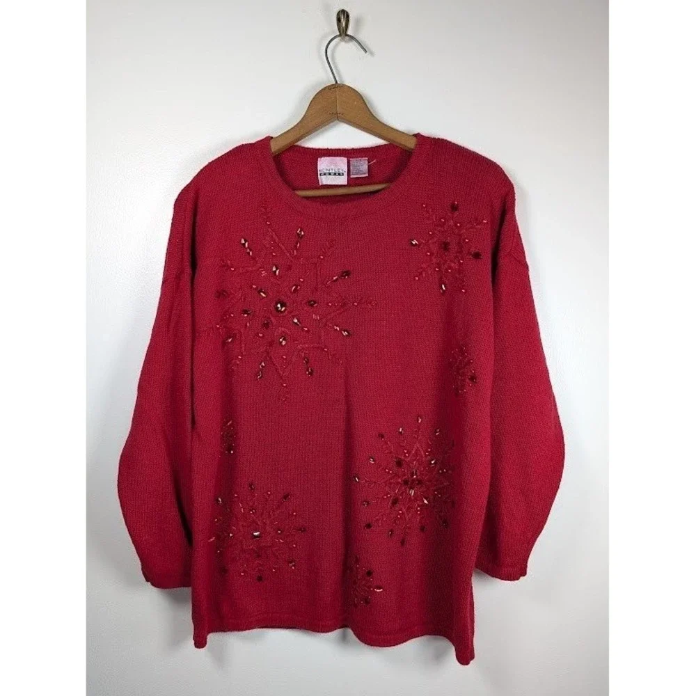 Holiday Christmas Sweater Size 20W 2X Embroidered Beaded Winter Snowflakes Knit